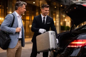 International client receiving professional private chauffeur assistance with luggage in Portugal